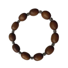 Load image into Gallery viewer, Urban Boho - Sylva Stretch Bracelet is designed with crafted Wood beads in Mahogany, and granulated Silver plated beads | Manukyan Design Studio
