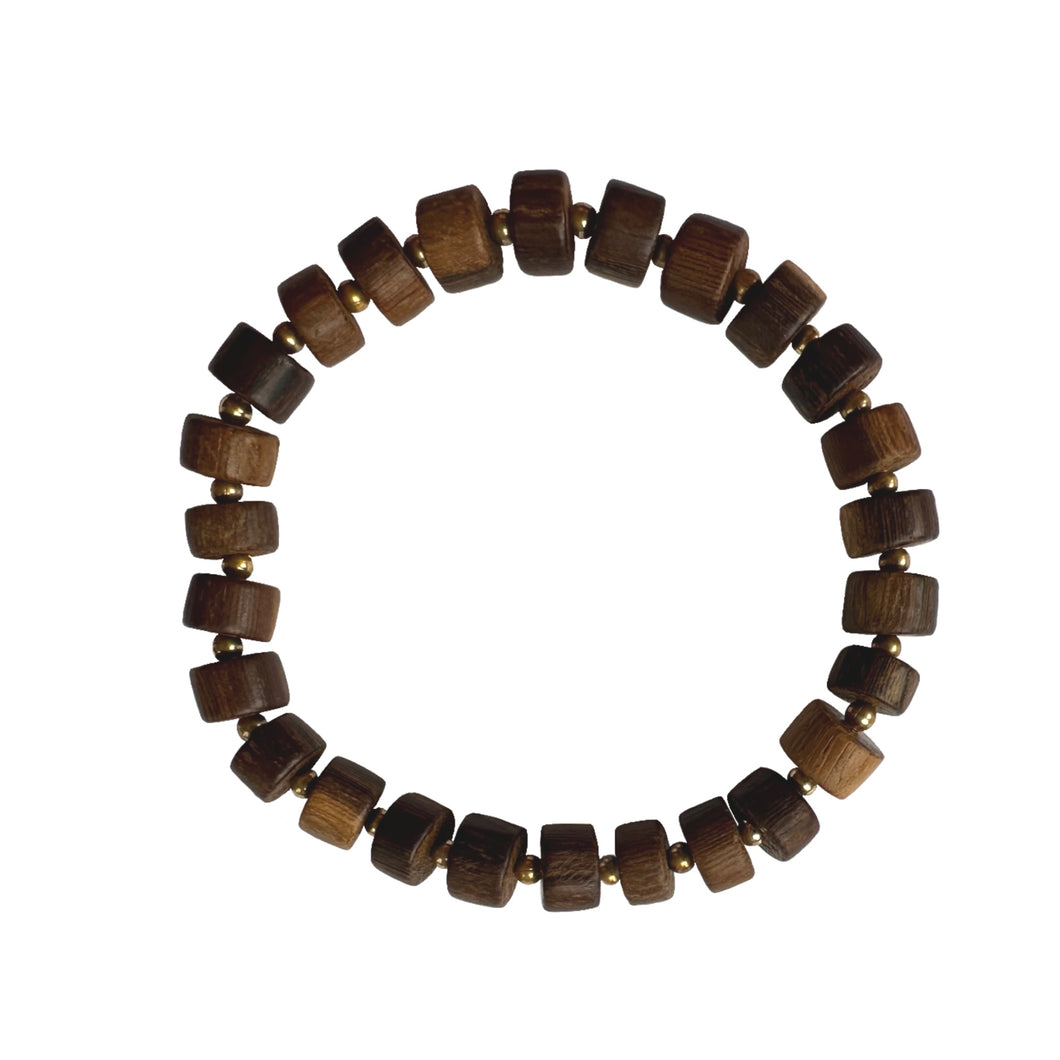 Urban Boho - Aspen Stretch Bracelet is designed with tubular beads made of natural wood in Cinnamon color, and accented with 24K Golds beads | Manukyan Design Studio