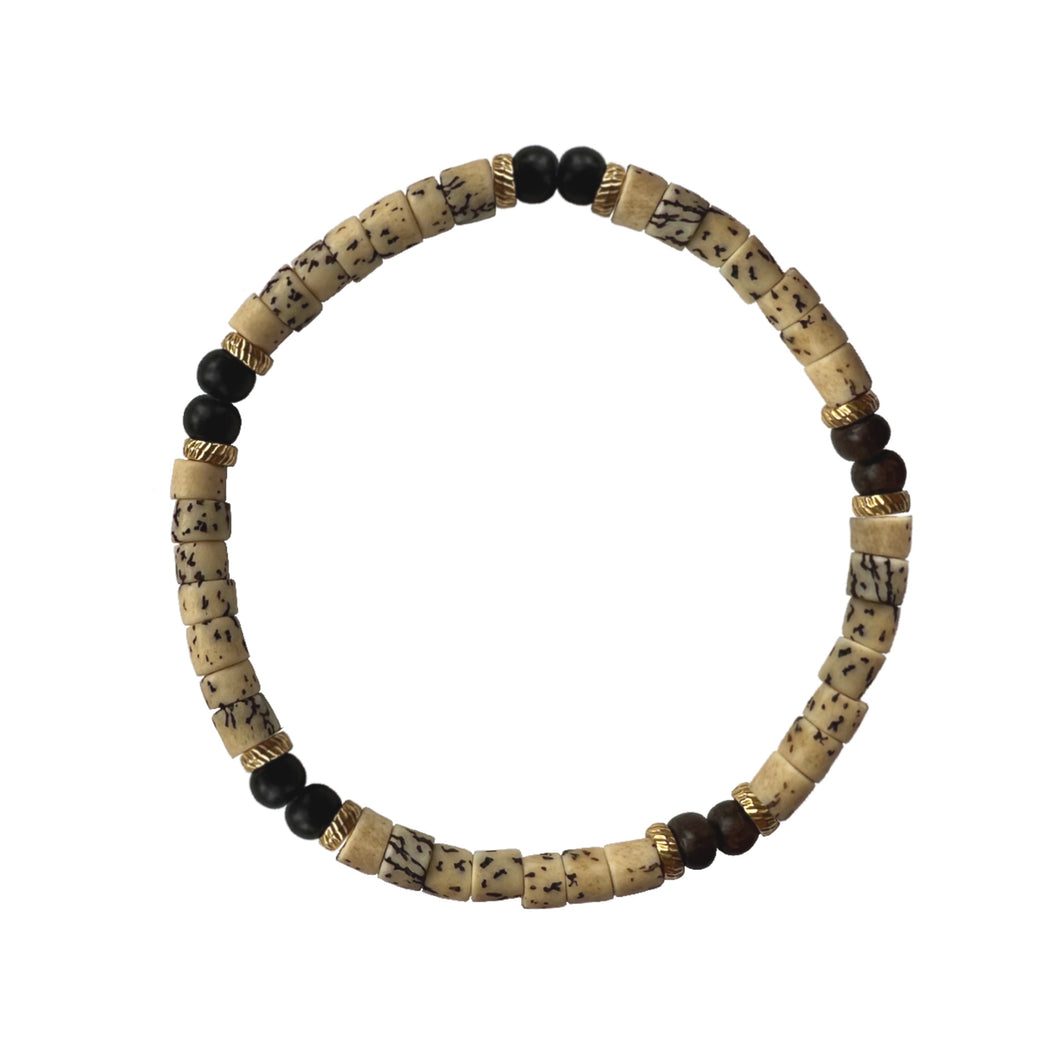 Urban Boho - Audry Stretch Bracelet is designed with natural Bone, natural Brown Wood, and 24K Gold plated beads | Manukyan Design Studio