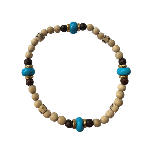 Urban Boho - Azura Stretch Bracelet is designed with natural Turquoise, natural Brown Wood, natural Bone, and 24K Gold plated beads | Manukyan Design Studio