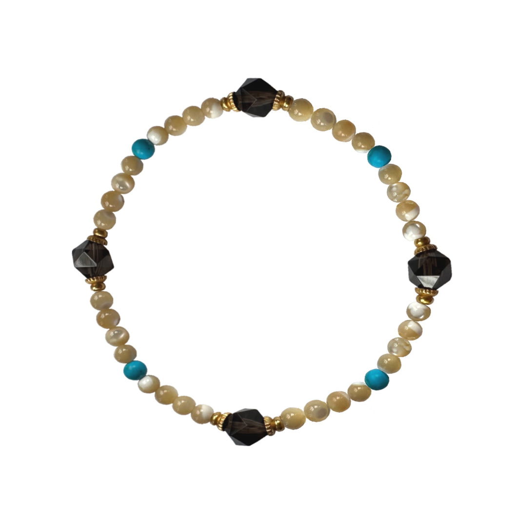 Urban Boho - Greta Stretch Bracelet is designed with combination of faceted Smoky Quartz, Mother of Pearl, natural Turquoise and 24K Gold plated Beads | Manukyan Design Studio