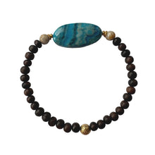 Load image into Gallery viewer, Urban Boho - Jovan Stretch Bracelet is designed with highly polished large Blue Jasper, natural Coral, Brown Wood beads, and accented with 24K Gold plated beads | Manukyan Design Studio
