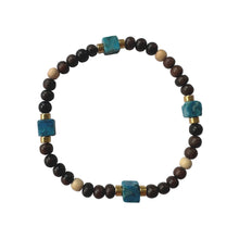 Load image into Gallery viewer, Urban Boho - Zuni Stretch Bracelet is designed with Blue Jasper, Brown and Natural Wood beads, and accented with 24K Gold plated beads | Manukyan Design Studio
