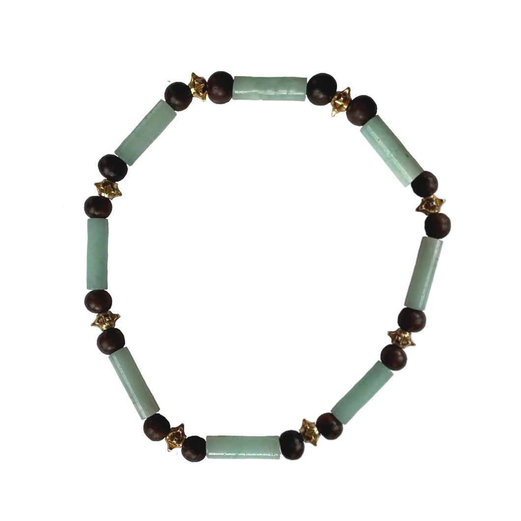 Urban Boho - Lara Stretch Bracelet is designed with tubular natural Amazonite, natural Brown Wood and 24 K Gold plated beads | Manukyan Design Studio