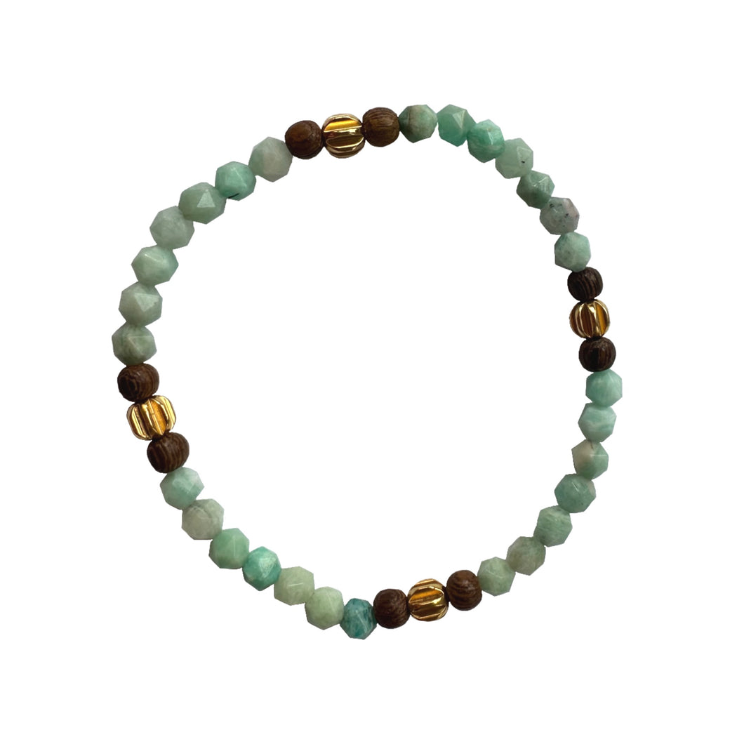 Urban Boho - Delmar Stretch Bracelet is designed with Star cut Chrysoprase Agate, brown Wood and 24K Gold beads | Manukyan Design Studio