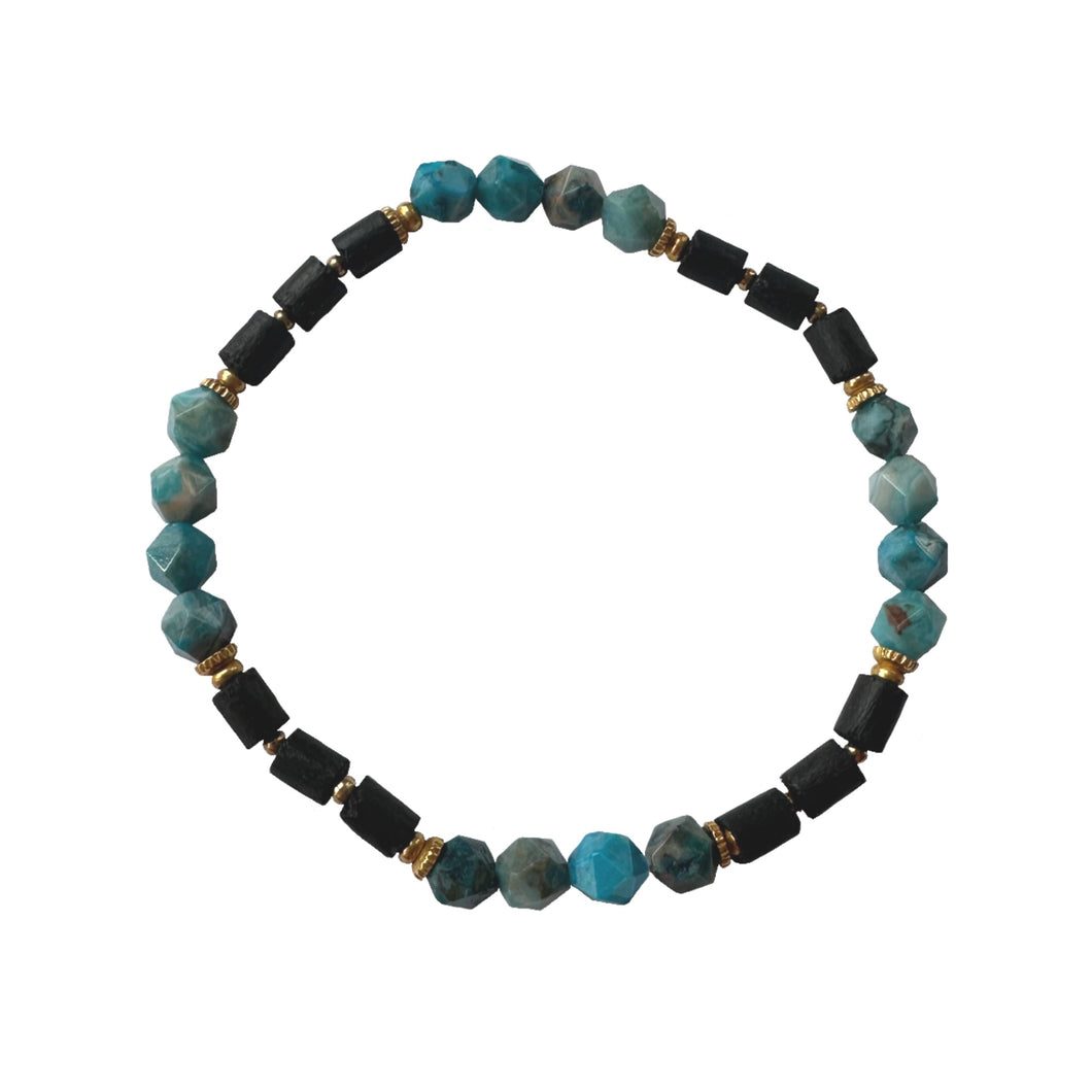 Urban Boho - Avon Stretch Bracelet is designed with faceted Blue Jasper, tubular natural Black Wood beads, and accented with 24K Gold plated beads | Manukyan Design Studio