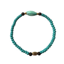 Load image into Gallery viewer, Urban Boho - Stretch Bracelet Is designed with Blue Howlite and natural Turquoise, accented with Brown Wood and 24K Gold plated beads | Manukyan Design Studio
