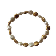 Load image into Gallery viewer, Urban Boho - Golda Stretch Bracelet designed with Freshwater natural Pearl and 24K Gold plated coin shape beads | Manukyan Design Studio
