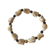 Load image into Gallery viewer, Urban Boho - Shelly Stretch Bracelet is designed with organic shape beads made of natural Freshwater Shells and accented with Brown Wood and 24K Gold plated beads | Manukyan Design Studio
