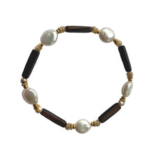 Load image into Gallery viewer, Urban Boho - Meagan Stretch Bracelet is designed with Freshwater Pearl, elongated natural Brown Wood beads, and accented with Mother of Pearl and 24K Gold plated beads | Manukyan Design Studio
