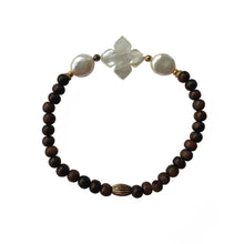 Load image into Gallery viewer, Urban Boho - Dora Stretch Bracelet is designed with quatrefoil shape Mother of Pearl, Freshwater Coin Pearl, natural Brown beads, and accented with 24K Gold plated beads | Manukyan Design Studio
