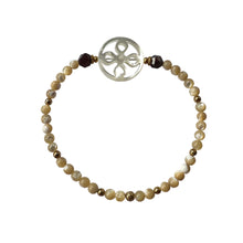 Load image into Gallery viewer, Urban Boho - Mae Stretch Bracelet is designed with large ornate and small round Mother of Pearl beads accented with faceted Garnet and 24K Gold plated beads | Manukyan Design Studio
