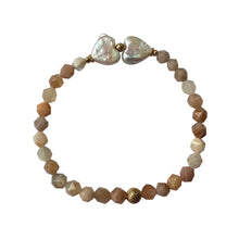 Load image into Gallery viewer, Urban Boho - Cora Stretch Bracelet is designed with heart shape Freshwater Pearl and faceted Peach Moonstone beads, accented with 24K Gold plated beads | Manukyan Design Studio
