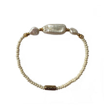 Load image into Gallery viewer, Urban Boho - Lulu Stretch Bracelet is designed with baroque shape Pearl and pearlized glass beads, accented with Mother of Pearl and 24K Gold plated beads | Manukyan Design Studio
