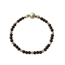 Load image into Gallery viewer, Urban Boho - Rita Stretch Bracelet is designed with a single Freshwater Baroque Pearl, natural Brown Wood and Mother of Pearl beads, accented with 24K Gold plated beads | Manukyan Design Studio
