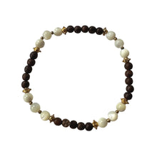 Load image into Gallery viewer, Urban Boho - Shellby Stretch Bracelet is designed with Mother of Pearl and natural Brown Wood beads, accented with 24K Gold plated beads | Manukyan Design Studio
