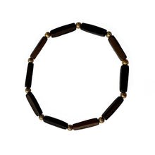 Load image into Gallery viewer, Urban Boho - Alma Stretch Bracelet is designed with elongated shape natural Brown Wood, and 24K Gold plated textured beads | Manukyan Design Studio
