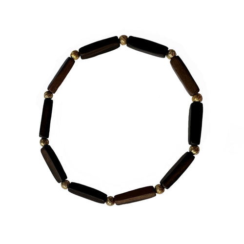 Urban Boho - Alma Stretch Bracelet is designed with elongated shape natural Brown Wood, and 24K Gold plated textured beads | Manukyan Design Studio