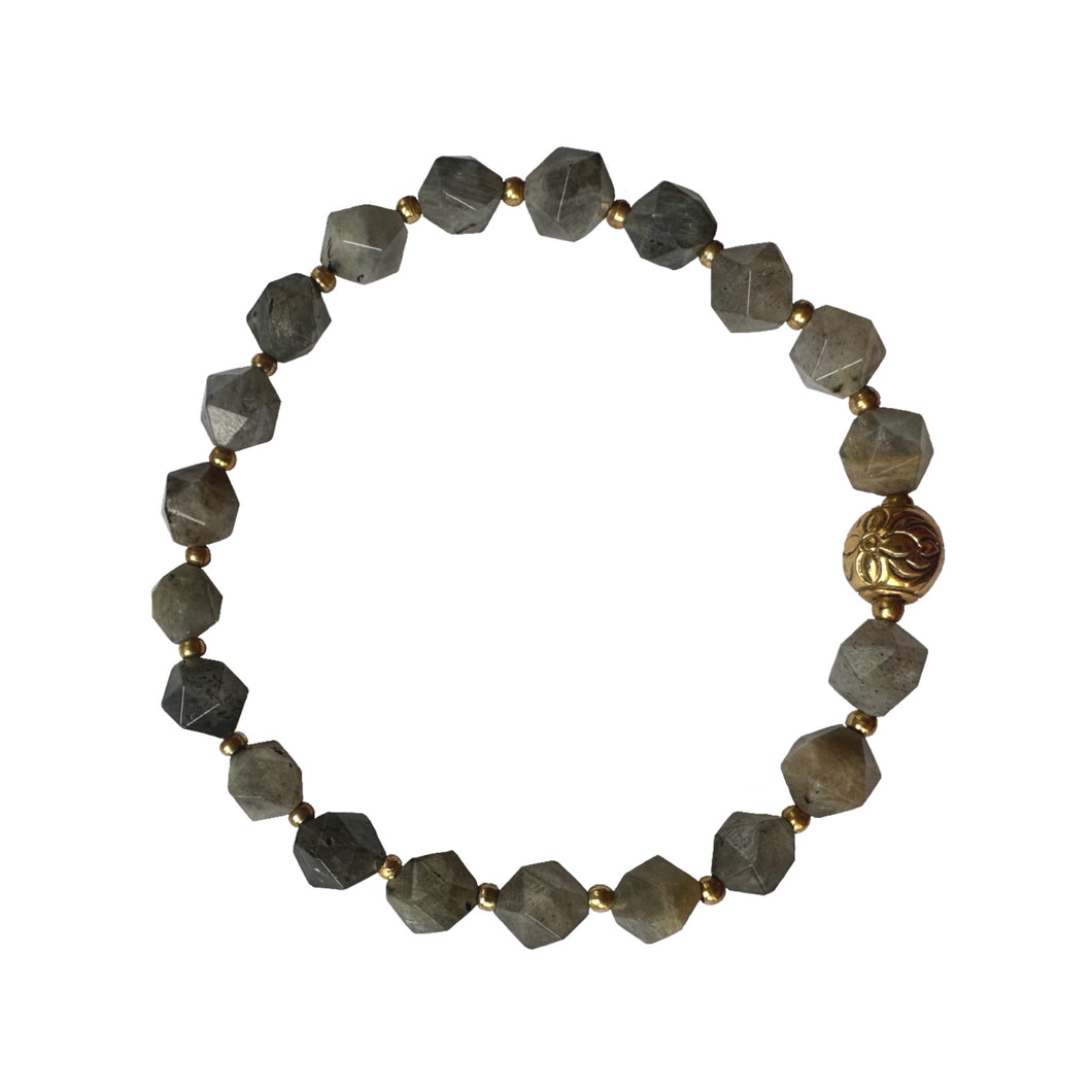 Urban Boho - Vilma Stretch Bracelet is designed with faceted Labradorite, accented with 24K Gold plated beads | Manukyan Design Studio