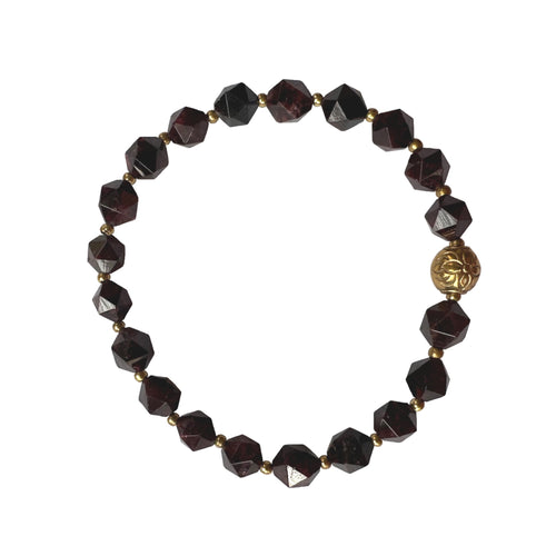 Urban Boho - Amaranth Stretch Bracelet is designed with faceted natural Garnet beads, accented with 24K Gold plated beads | Manukyan Design Studio