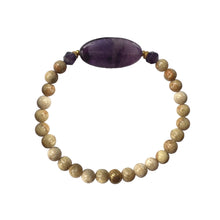 Load image into Gallery viewer, Urban Boho - Zoe Stretch Bracelet is designed with highly polished large Amethyst and Riverstone beads, accented with faceted Amethyst and 24K Gold plated beads | Manukyan Design Studio
