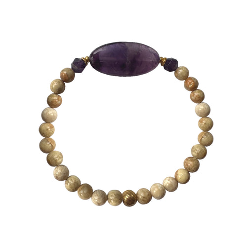 Urban Boho - Zoe Stretch Bracelet is designed with highly polished large Amethyst and Riverstone beads, accented with faceted Amethyst and 24K Gold plated beads | Manukyan Design Studio