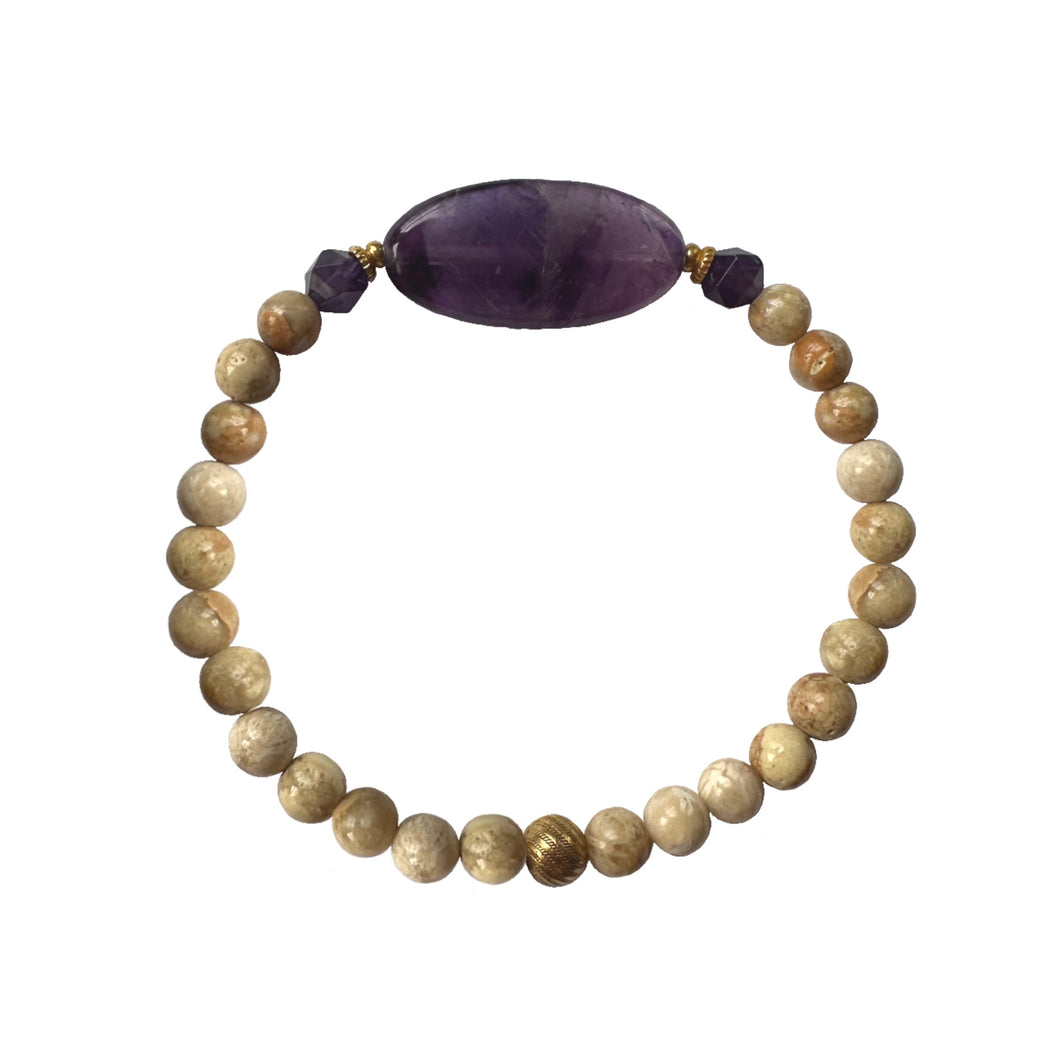 Urban Boho - Zoe Stretch Bracelet is designed with highly polished large Amethyst and Riverstone beads, accented with faceted Amethyst and 24K Gold plated beads | Manukyan Design Studio