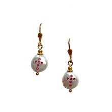 Load image into Gallery viewer, Natural, high quality Freshwater Pearl drop earrings in Cream White color is inlaid with Bohemian Crystals in Pink color, suspended from 24K Gold plated Lever Back Wire accented with shell design | Manukyan Design Studio
