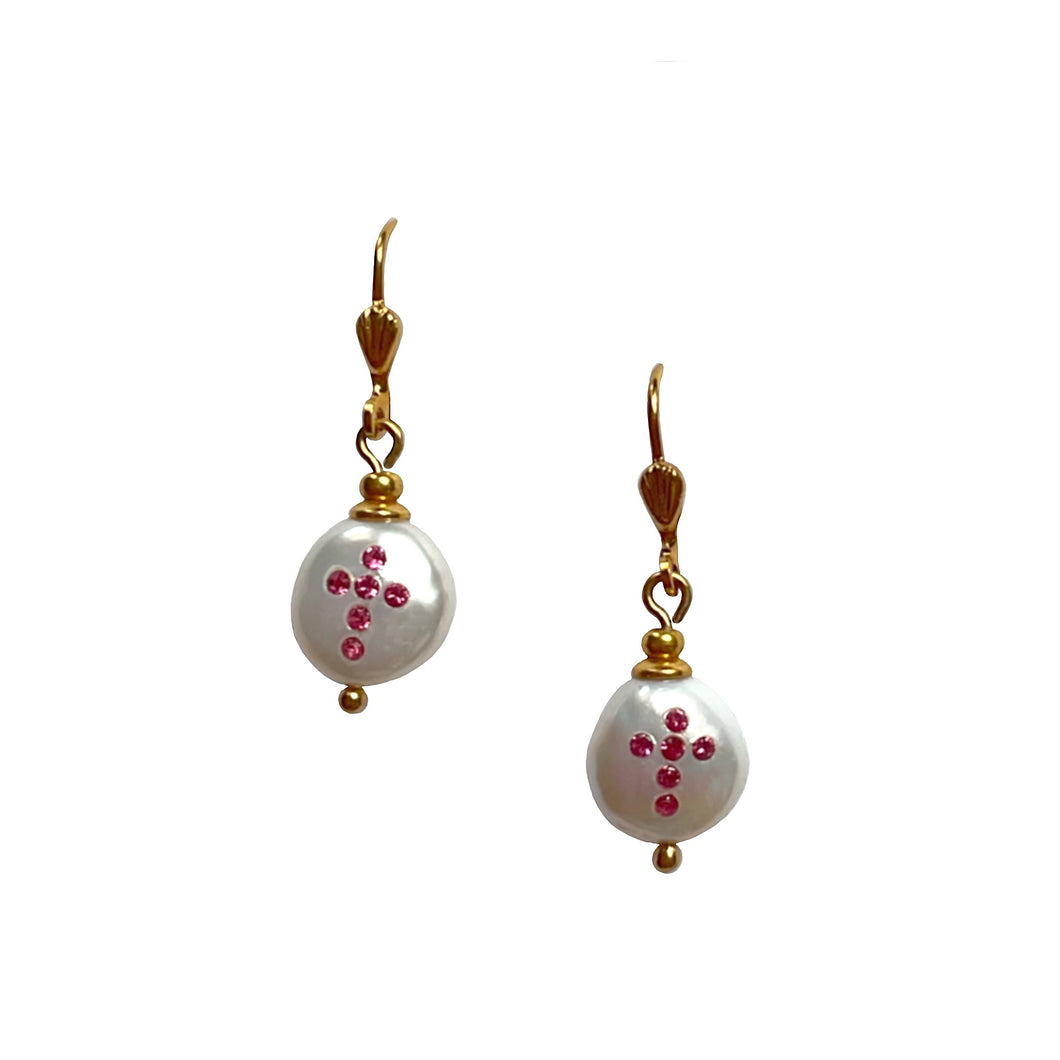 Natural, high quality Freshwater Pearl drop earrings in Cream White color is inlaid with Bohemian Crystals in Pink color, suspended from 24K Gold plated Lever Back Wire accented with shell design | Manukyan Design Studio