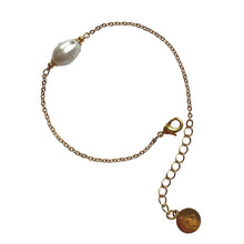 Load image into Gallery viewer, Natural, high quality Freshwater Pearl in Cream White color is inlaid with Bohemian Clear Crystals, finished with 24K Gold plated sparkly link chain. The bracelet measures 7&quot; long , plus additional 1.5&quot; adjustable chain to accommodate all sizes of wrists | Manukyan Design Studio
