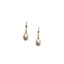 Load image into Gallery viewer, Natural, high quality Freshwater Pearl drop earrings in Cream White color is inlaid with Bohemian Crystals in Fuchsia color, suspended from 24K Gold plated French Wire accented with 2mm Clear Bohemian Crystals | Manukyan Design Studio
