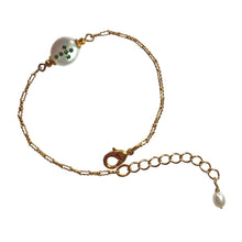 Load image into Gallery viewer, Natural, high quality Freshwater Pearl in Cream White color is inlaid with Bohemian Crystals in Emerald, finished with 24K Gold plated corrugated link chain. The bracelet measures 6.5&quot; long , plus additional 1.5&quot; adjustable chain to accommodate all sizes of wrists | Manukyan Design Studio
