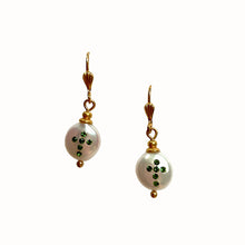 Load image into Gallery viewer, Natural, high quality Freshwater Pearl drop earrings in Cream White color is inlaid with Bohemian Crystals in Fuchsia color, suspended from 24K Gold plated French Wire accented with 2mm Clear Bohemian Crystals | Manukyan Design Studio
