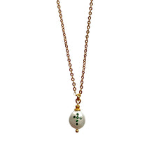 Load image into Gallery viewer, Natural, high quality Freshwater Coin Pearl pendant in Cream White color is inlaid with Bohemian Crystals in Emerald color, suspended from 24K Gold plated sparkly link chain, measuring 18&quot; long | Manukyan Design Studio
