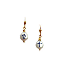 Load image into Gallery viewer, Natural, high quality Freshwater Pearl drop earrings in Cream White color is inlaid with Bohemian Crystals in Sapphire color, suspended from 24K Gold plated Lever Back Wire accented with shell design | Manukyan Design Studio
