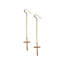 Load image into Gallery viewer, Providence - Purity Cross Long Earrings are designed as modern minimalist drop style using delicate sparkly link chain, suspended from French wire. It is 24K Gold plated and comes fully packaged in a satin pouch and in a gift box | Manukyan Design Studio
