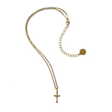 Load image into Gallery viewer, Providence - Crucifix Short Necklace is trendy Christian jewelry hand carved petite crucifix is suspended from a 17&quot; long delicate sparkly link chain with 3 more inched of adjustable chain. The necklace is 24K Gold plated and comes fully packaged with satin pouch and a gift box | Manukyan Design Studio
