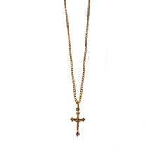 Load image into Gallery viewer, Providence - Crucifix Short Necklace is trendy Christian jewelry hand carved petite crucifix is suspended from a 17&quot; long delicate sparkly link chain with 3 more inched of adjustable chain. The necklace is 24K Gold plated and comes fully packaged with satin pouch and a gift box | Manukyan Design Studio
