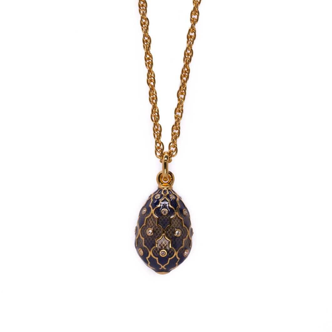 Imperial Treasures - Latticework  Egg Long Necklace in Gold Plate and Translucent  Night Blue Color Accented With Bohemian Crystals.