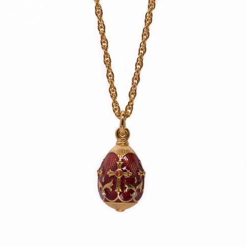 Imperial Treasures - Holy Cross Egg Long Necklace in Gold Plate and Translucent Vordan Red Color, Accented With Bohemian Crystals .