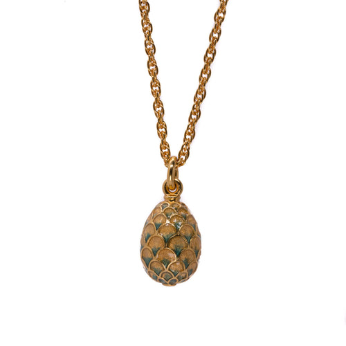 Imperial Treasures - Pine Cone Egg Long Necklace in Gold Plate and Enamel in Emerald and Translucent .