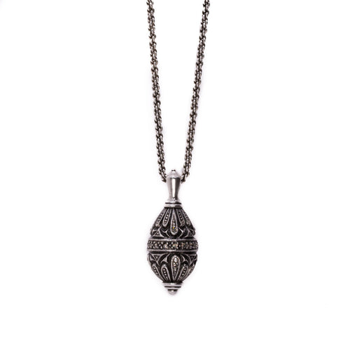 Imperial Treasures - Royal Egg Long Necklace in Oxidized Silver and Bohemian Chrystals in Greige Color.