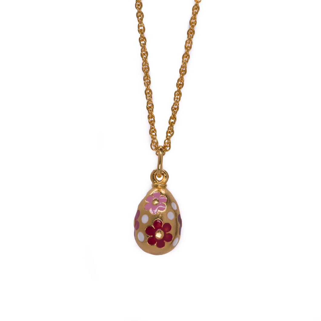 Imperial Treasures - Garden Bloom Small Egg Necklace in Gold Plate and Opaque Enamel in Maroon  Shades.