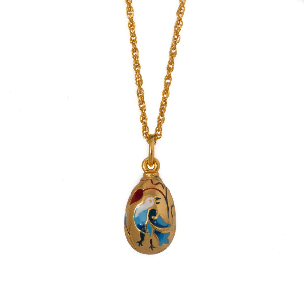 Imperial Treasures - Blue Bird Small Egg Necklace in Gold Plate and Hand Painted  Enamel.
