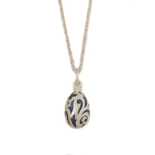 Load image into Gallery viewer, Imperial Treasures - Celebration Small Egg Necklace in Mat Silver Plate and Navy Blue Enamel Ornamentation.
