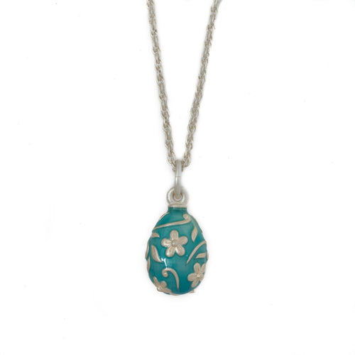 Imperial Treasures - Springtime Small Egg Necklace in Mat Sterling Silver and Aquamarine Translucent Enamel.