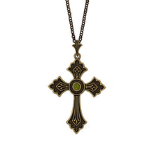 Load image into Gallery viewer, Agape - St. Thaddeus cross Necklace. Burnt brass with Swarovski crystal in Olivine color.
