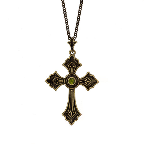 Agape - St. Thaddeus cross Necklace. Burnt brass with Swarovski crystal in Olivine color.