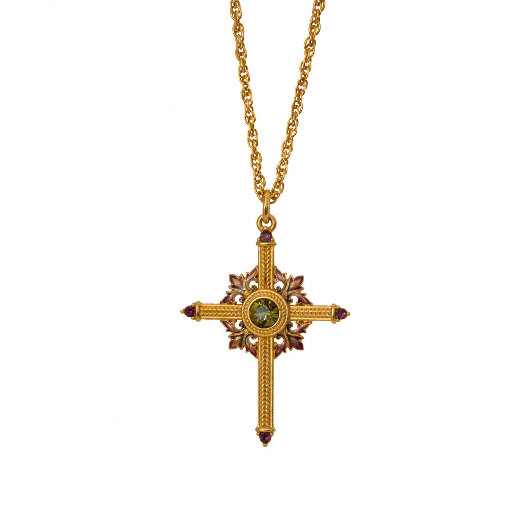 Agape - Queen Tamar Mlke Cross Necklace. 24K Gold Plate , Hand Enameled, Accented with Bohemian Colored Crystals.