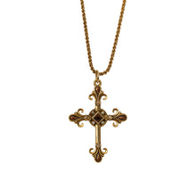 Load image into Gallery viewer, Agape - St. Shoushan Cross Necklace in 24K gold plate and Bohemian Chrystals in Smoked Topaz and Golden Shadow Colors.
